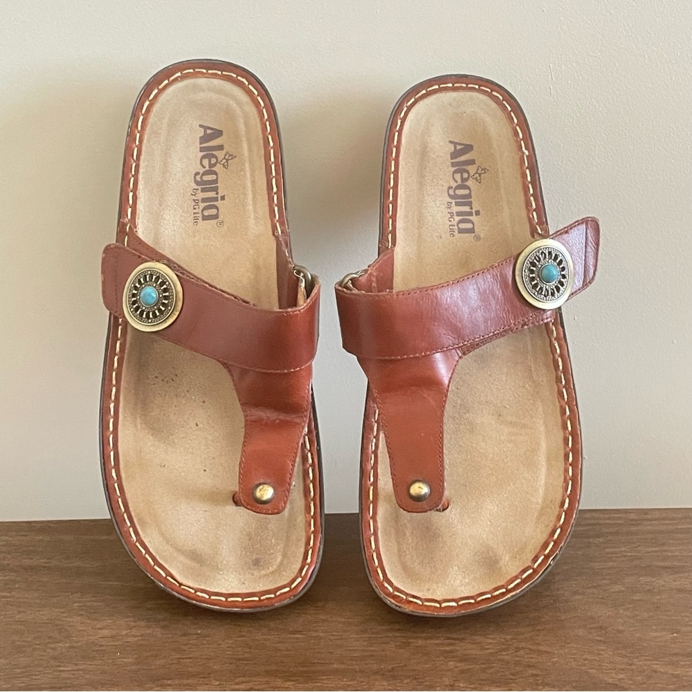 Alegria Carina Leather Sandals Brown with Blue Accent Sz 9 (40)